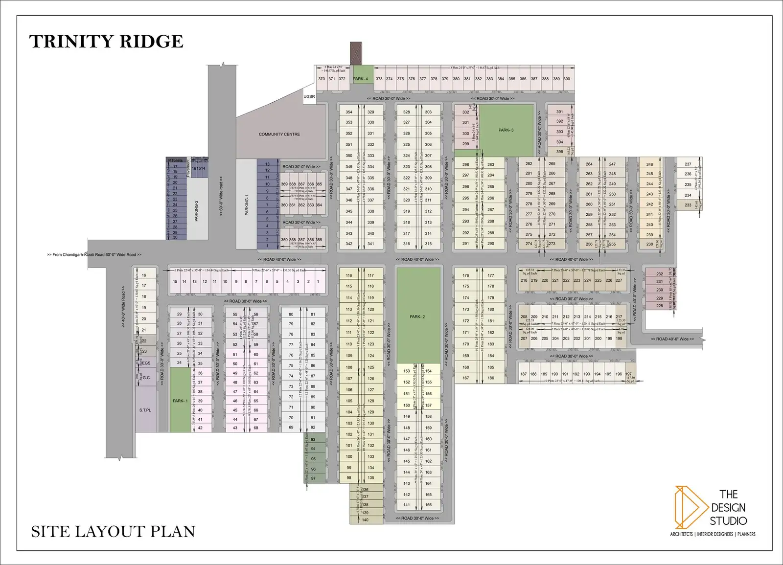 Layout plan of The Ridge residential plots, Kurali, showing plot sizes, roads and parks