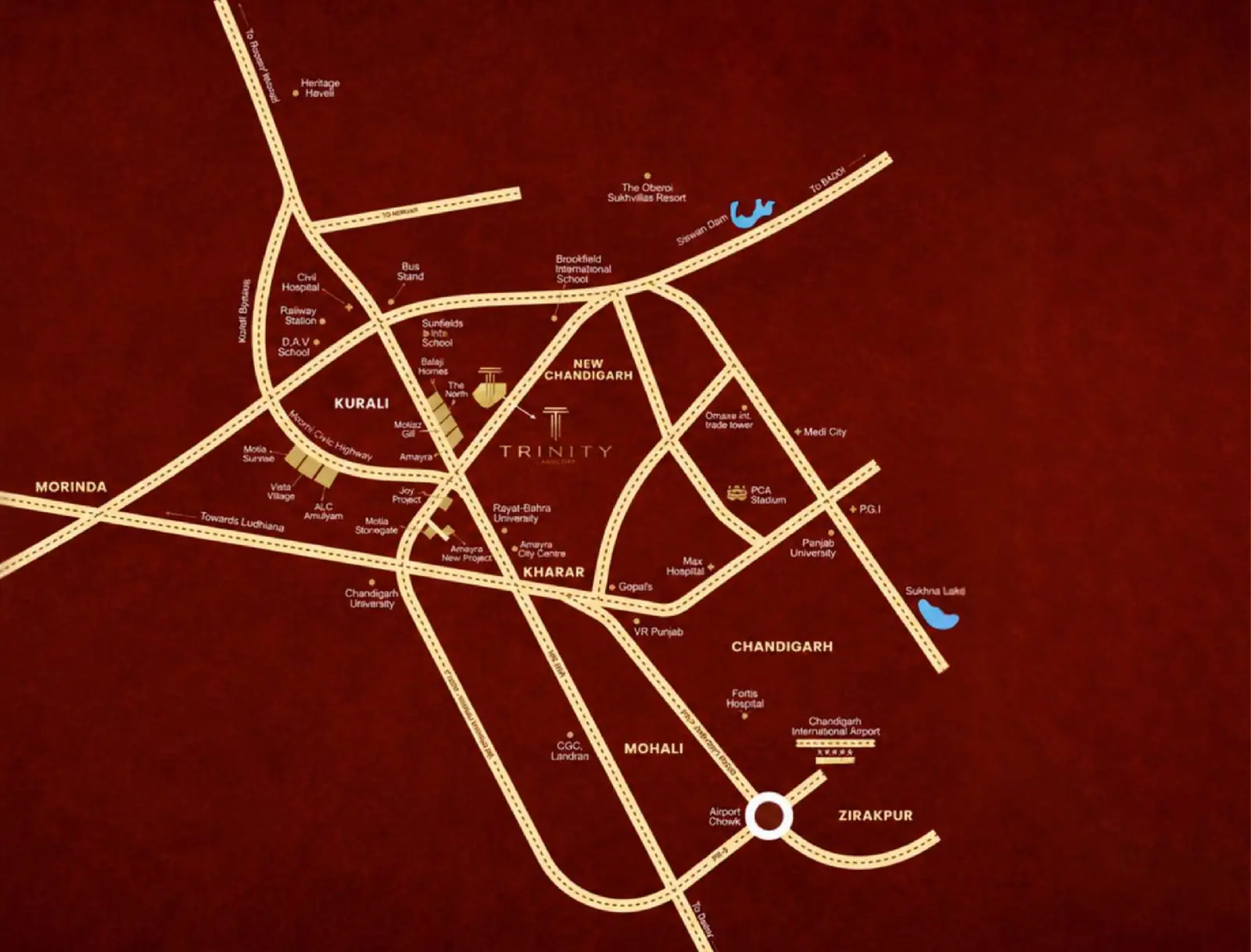 Location map of The Ridge Kurali showing Kharar, New Chandigarh, Mohali and Chandigarh